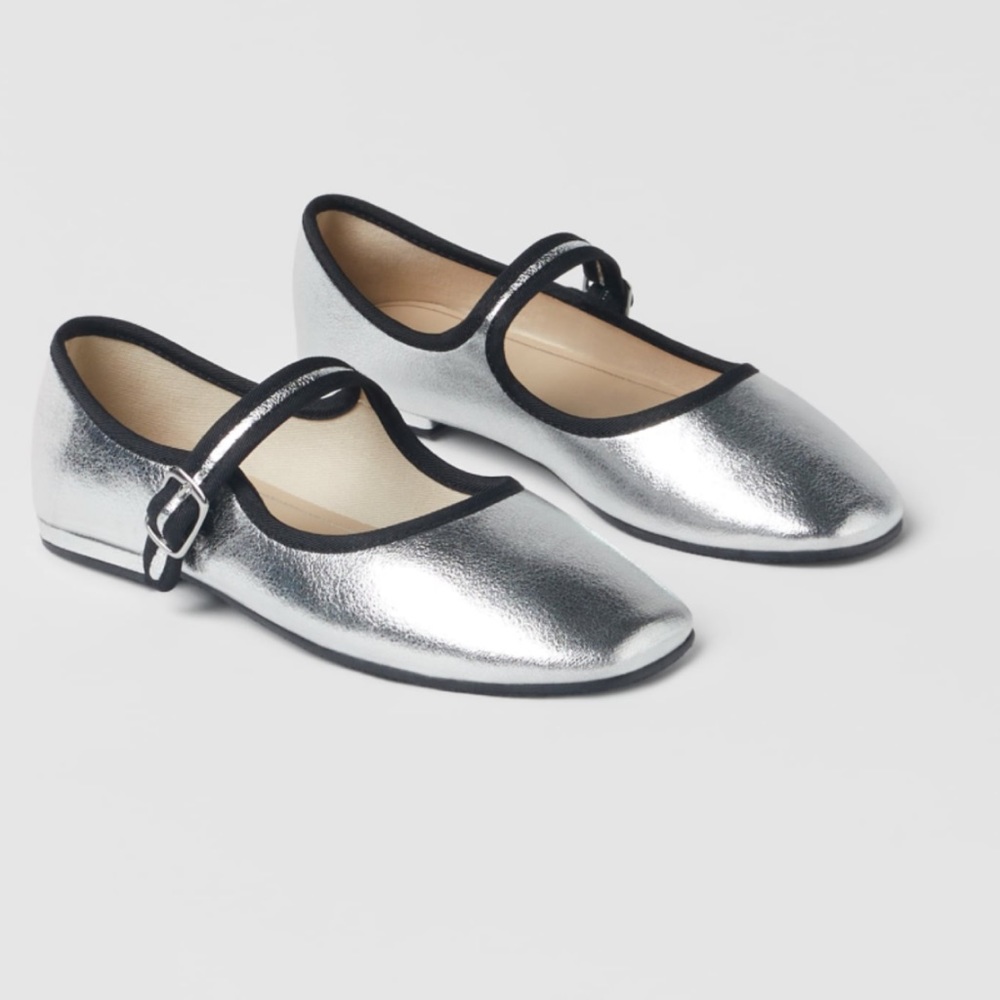 Zara Silver Metallic Square Toe Mary Jane Flats Youth 6 Woman 8